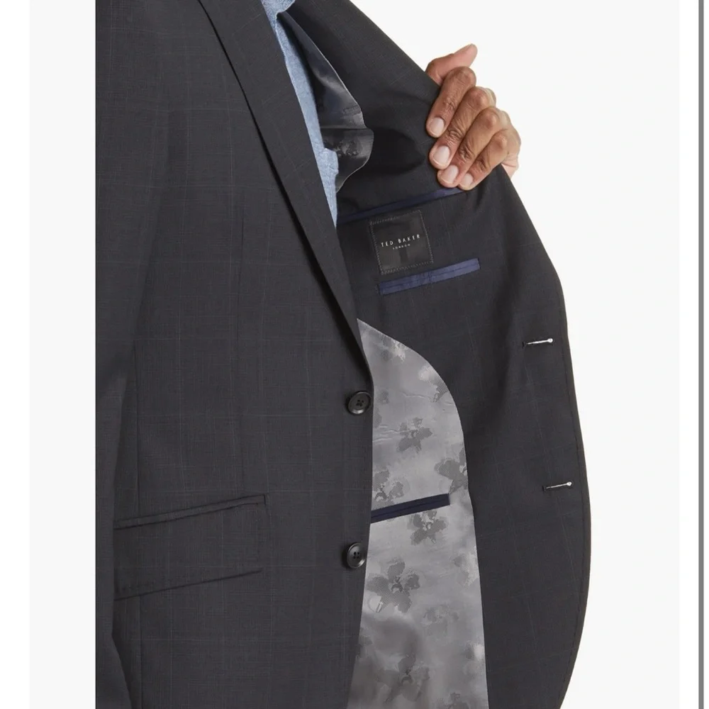 Ted Baker Ron‎ Extra Slim Windowpane Wool Suit Jacket Charcoal 38 Regular